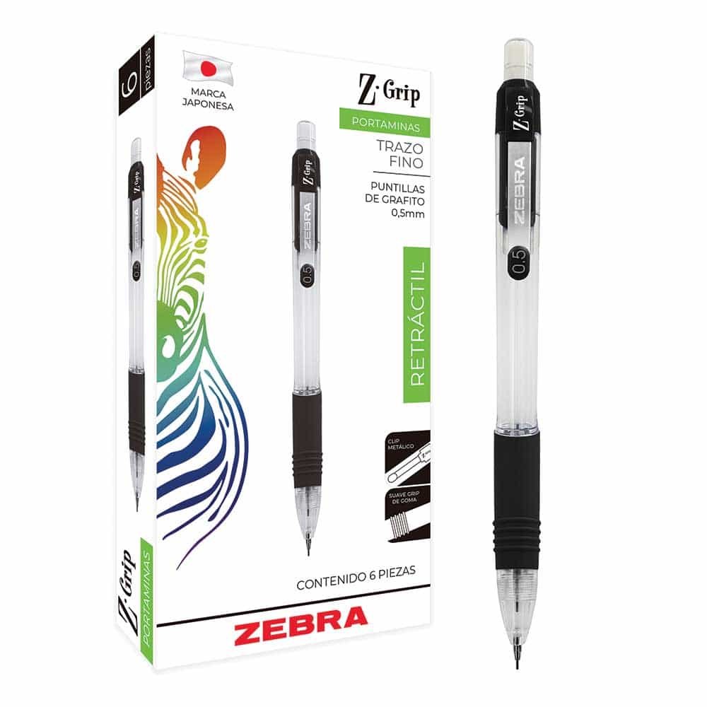 Portaminas Zebra Z-Grip de 0.5 mm Negro c/6 Piezas | CEI-0063-1