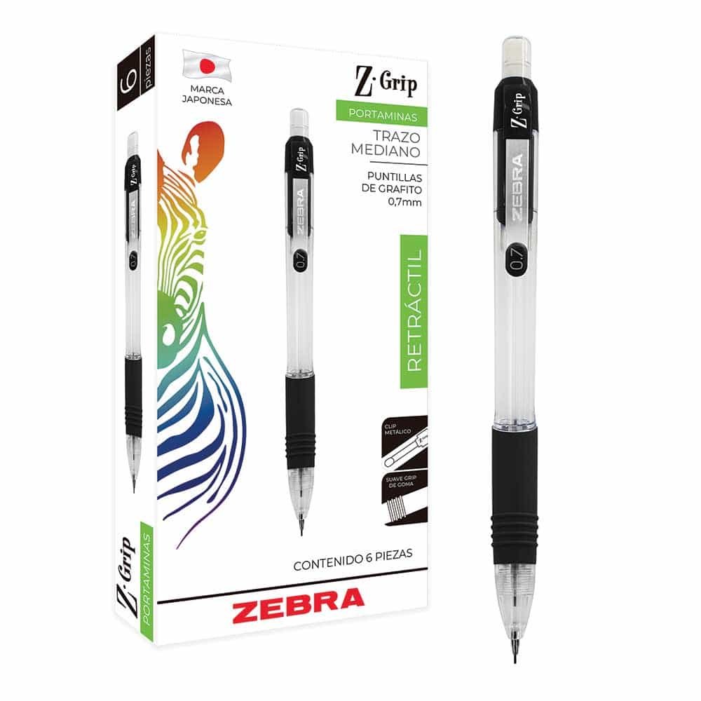 Portaminas Zebra Z-Grip de 0.7 mm Negro c/6 Piezas | CEI-0063-3