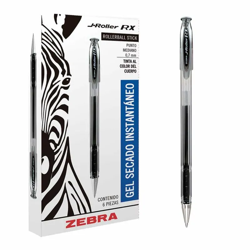 Bolígrafo de Gel Punto Mediano Zebra J-Roller c/6 Piezas Negro | CEI-0193-2