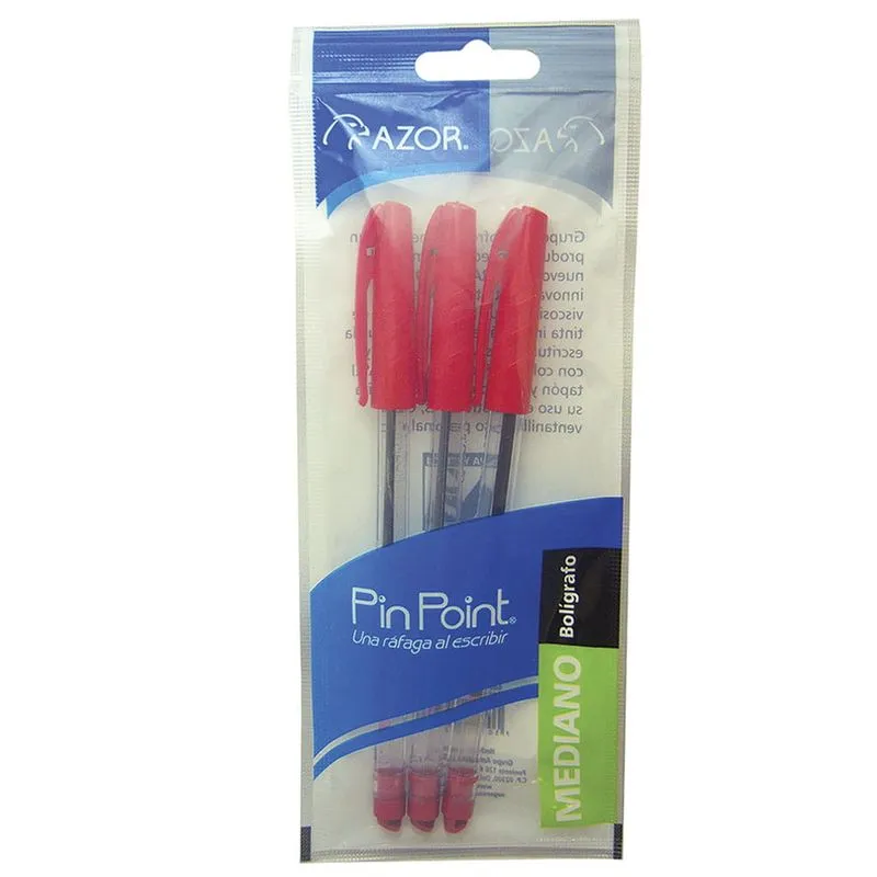 Bolígrafo Punto Mediano Azor Pin Point c/3 Piezas Rojo | CEI-0346