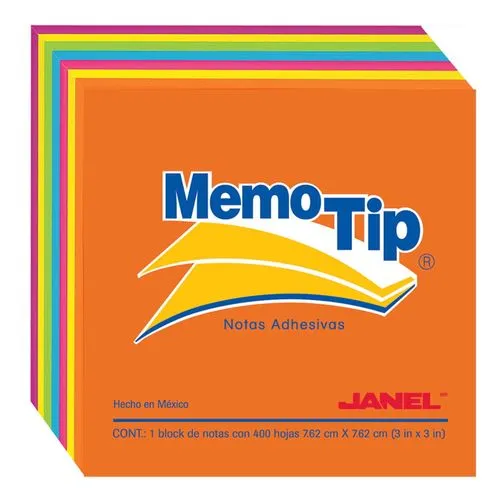 Notas Adhesivas Janel Memo Tip de 7.5x7.5 cm (3x3 pulg) Colores Neón c/400 Hojas | CEI-0069-1