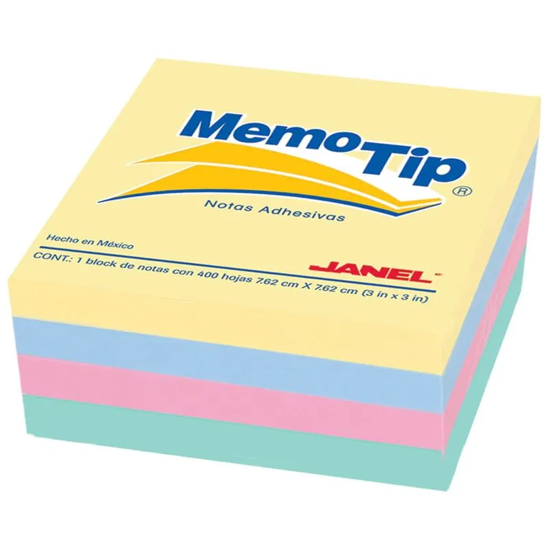 Notas Adhesivas Janel Memo Tip de 7.5x7.5 cm (3x3 pulg) Colores Pastel c/400 Hojas | CEI-0069-2