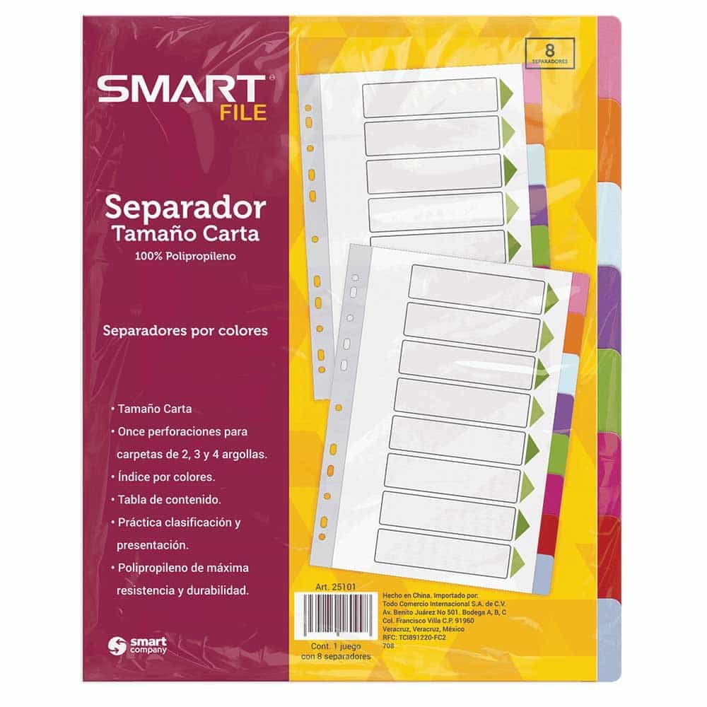 Separador de Plástico Smart Tamaño Carta Colores Pastel c/8 Divisiones | CEI-0310-3