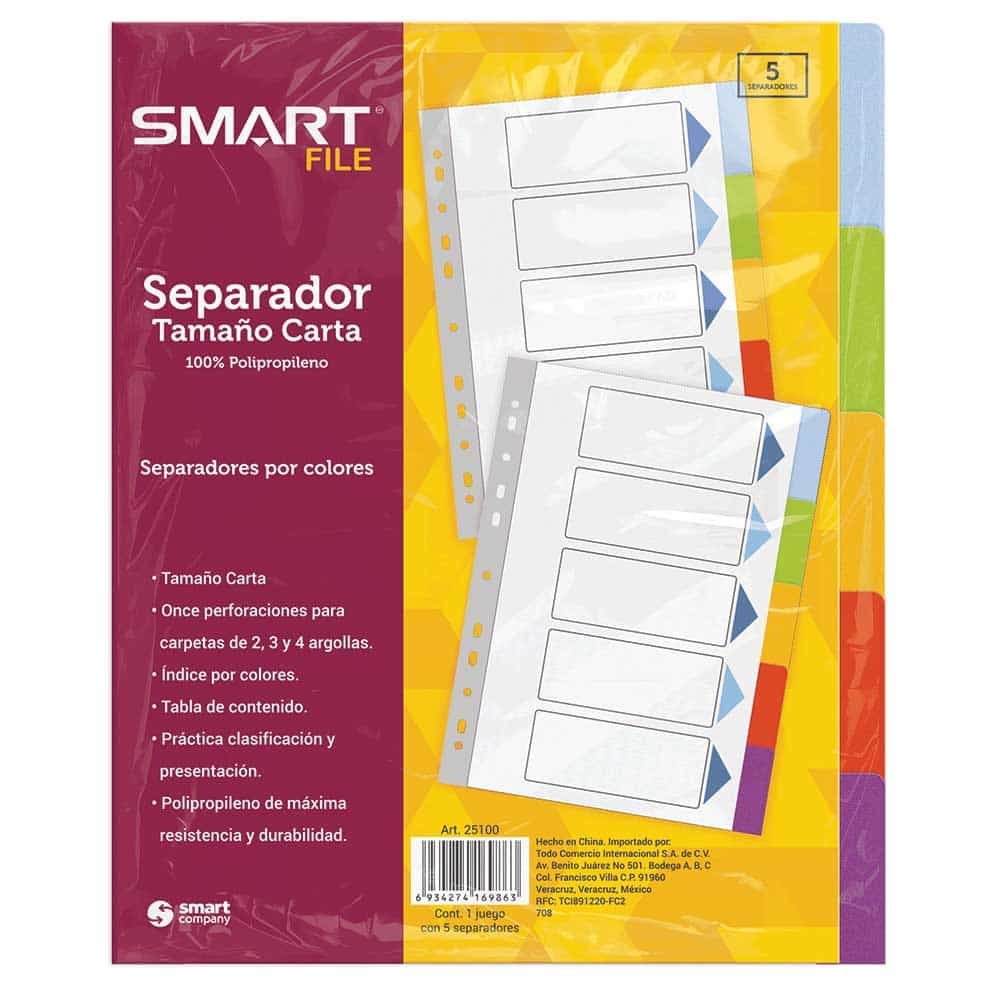 Separador de Plástico Smart Tamaño Carta Colores Pastel c/5 Divisiones | CEI-0310-6