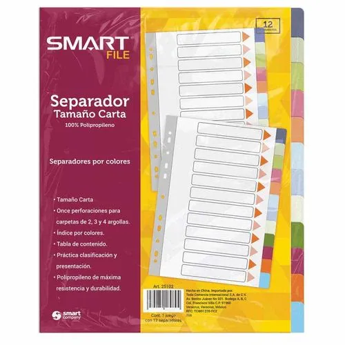 Separador de Plástico Smart Tamaño Carta Colores Pastel c/12 Divisiones | CEI-0310